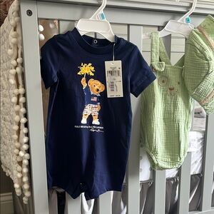 Ralph Lauren Navy Romper with Bear Graphic and Little Me one piece w/hat